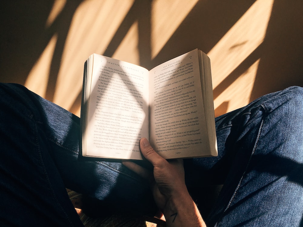 Person holding book sitting on brown surface